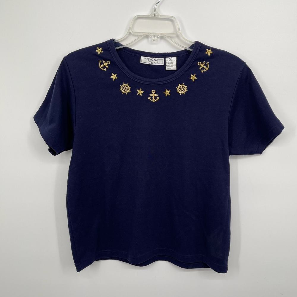 Keneth Too! Vintage Women's Navy Nautical Embroidered Short Sleeve T-Shirt Sz PL